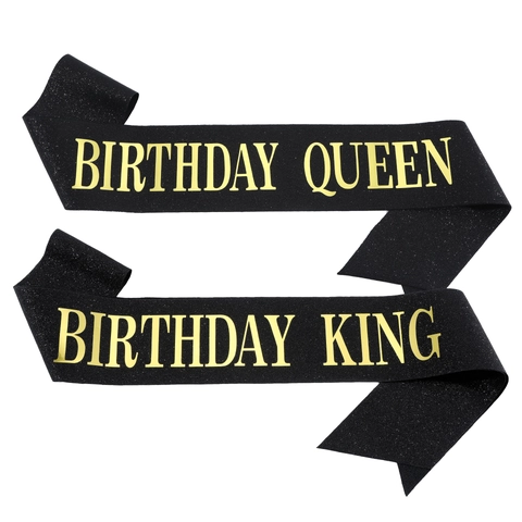 Set di Fasce Birthday King Queen in Tessuto Glitterato Nero Oro Stampa a Caldo Decorazioni per Feste di Compleanno Uomo Donna