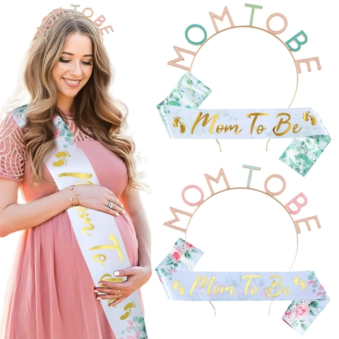 Mom To Be Baby Shower Sash And Alloy Metal Headband Floral Print Enamel Headwear For Pregnancy Celebration