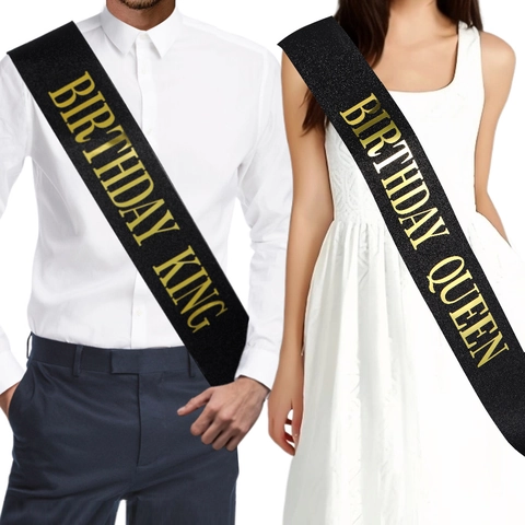 Set di Fasce Birthday King Queen in Tessuto Glitterato Nero Oro Stampa a Caldo Decorazioni per Feste di Compleanno Uomo Donna