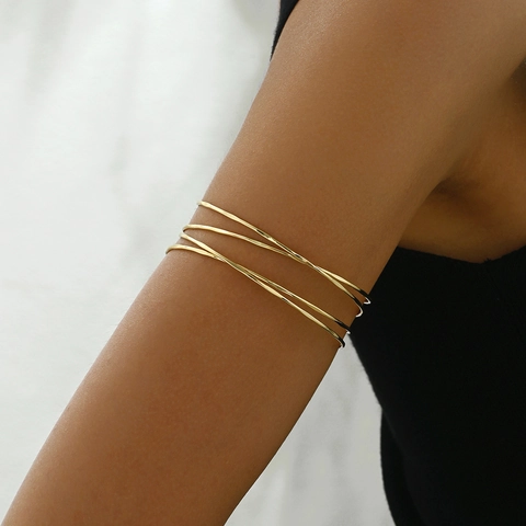 Minimalist Multi Layer Alloy Upper Arm Cuff Geometric Line Open Bracelet For Women Gold Silver Black Armband Jewelry Gift