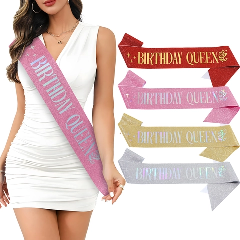 Glitter Fabric Birthday Queen Sash With Shimmering Holographic Letters Rose Pattern Decorative Party Sash For Birthday Celebration Women Jewelry