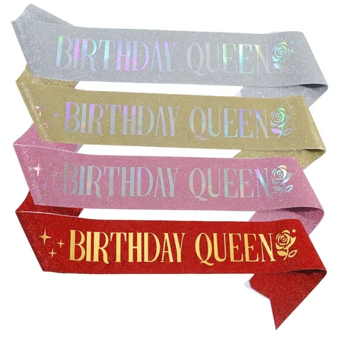 Glitter Fabric Birthday Queen Sash With Shimmering Holographic Letters Rose Pattern Decorative Party Sash For Birthday Celebration Women Jewelry
