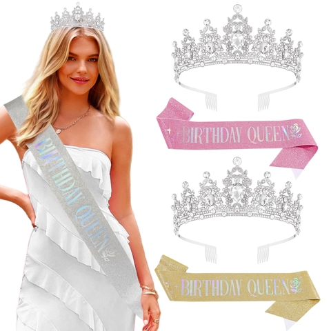 Lussuosa Tiara di Strass Birthday Queen e Fascia Glitter Combinazione Corona di Cristallo in Lega di Zinco per Accessori Festa Donna