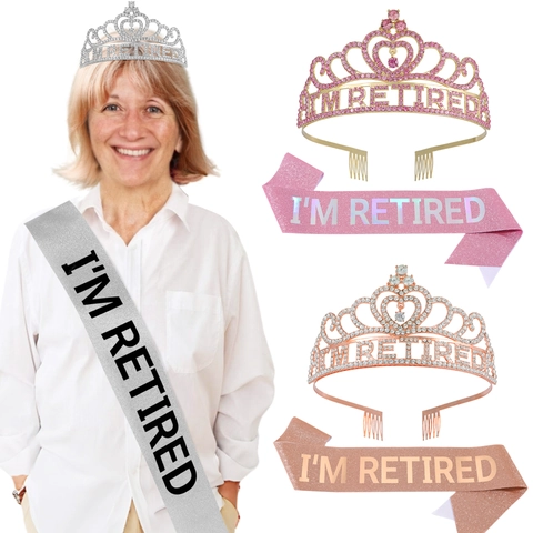 Set Decorazione Festa Pensionamento Con Corona In Lega Di Zinco Strass E Fascia Glitter I'M RETIRED Per Donne Compleanno
