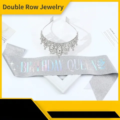 Lussuosa Tiara di Strass Birthday Queen e Fascia Glitter Combinazione Corona di Cristallo in Lega di Zinco per Accessori Festa Donna
