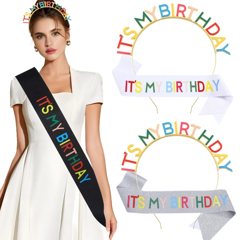 Diadema de Metal con Letras de Arcoíris y Banda de Tela con Brillo Decoraciones de Fiesta de Cumpleaños para Mujeres