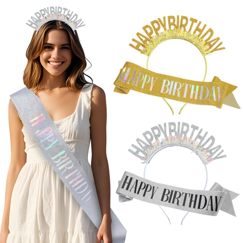 Fascia E Fasciatura Glitterate Happy Birthday Combo Bomboniere Di Compleanno Copricapo Con Lettere Alfabeto Decorazione Con Nappine Per Donna Bambini