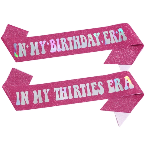 Banda de Cumpleaños Purpurina In My Birthday Era Thirties Era Letras Holográficas Rosa Fuerte Banda para Fiesta Mujer
