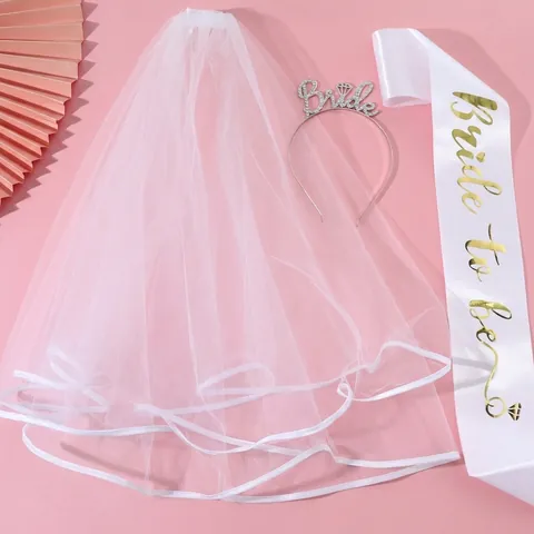 Bride To Be Bachelorette Party Set With Rhinestone Bride Letter Headband Double Layer White Veil And Satin Sash For Wedding