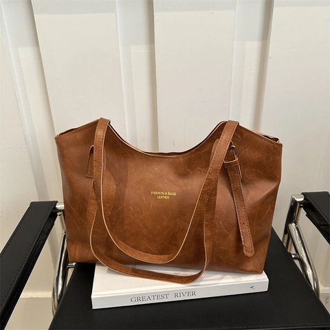 Bolso Tote de Mujer Vintage Gran Capacidad Cuero PU Minimalista Color Sólido Bolso de Hombro Letras Doradas Diario Comodidad