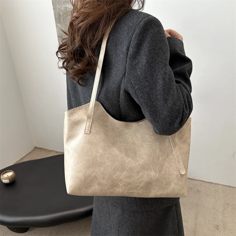 Bolso Tote de Mujer Vintage Gran Capacidad Cuero PU Minimalista Color Sólido Bolso de Hombro Letras Doradas Diario Comodidad