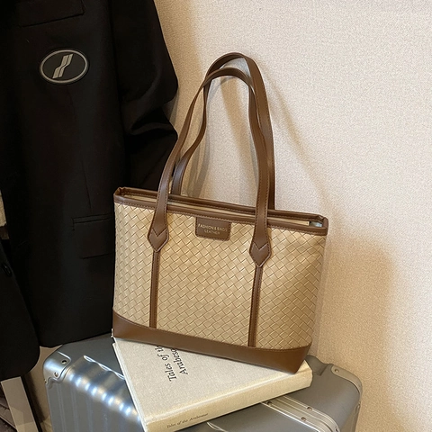 Damen Vintage Gewebte PU Leder Tragetasche Große Kapazität Pendler Schultertasche Mit Nylon Futter Mode Geometrisches Muster Handtasche