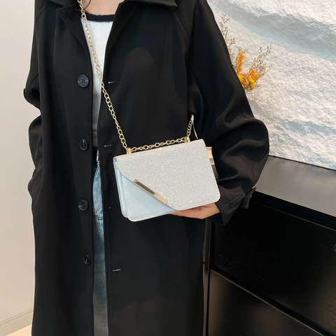 Borsa Quadrata Piccola da Donna con Paillettes Scintillanti Elegante Tracolla a Catena Versatile Pochette da Sera per Feste in Pelle PU