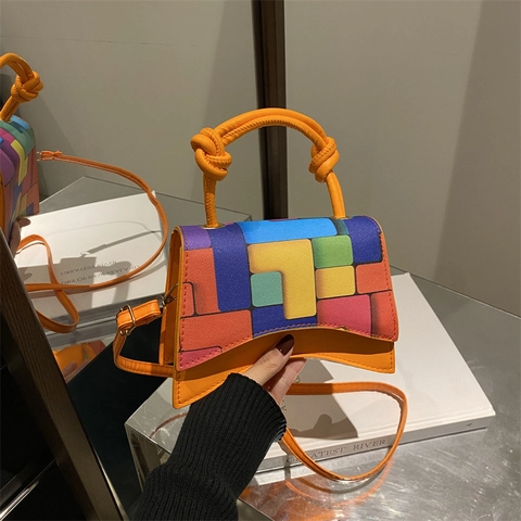 Geometric Block Pattern Hourglass Shoulder Bag Women PU Leather Contrast Color Crossbody Bag With Knotted Handle Fashion Handbag
