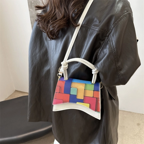 Geometric Block Pattern Hourglass Shoulder Bag Women PU Leather Contrast Color Crossbody Bag With Knotted Handle Fashion Handbag