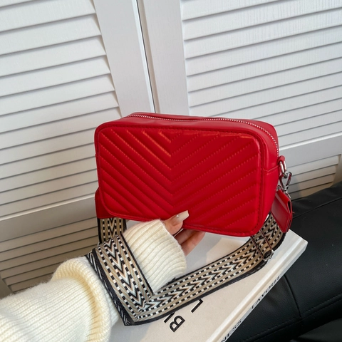 Fashion PU Leather Chevron Quilted Crossbody Bag For Women Wide Geometric Strap Small Square Camera Shoulder Bag Handbag