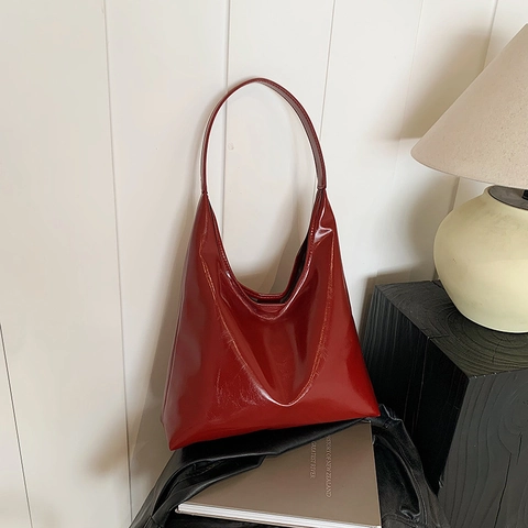 Women Large Capacity Glossy PU Leather Tote Bag Minimalist Korean Style Shiny Shoulder Bag Simple Urban Hobo Bag For Work Daily