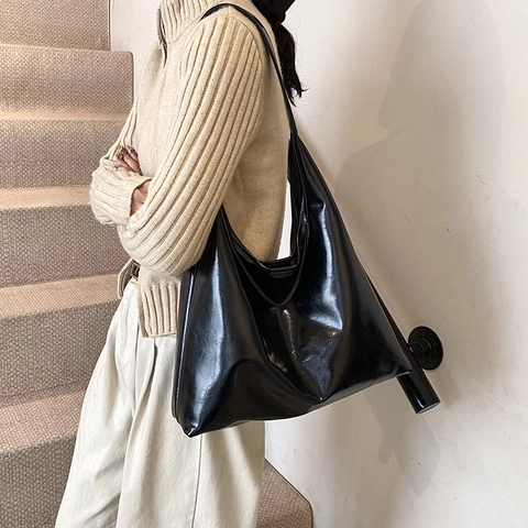 Women Large Capacity Glossy PU Leather Tote Bag Minimalist Korean Style Shiny Shoulder Bag Simple Urban Hobo Bag For Work Daily
