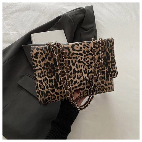 Mode Leopardenmuster Umhängetasche Für Damen Retro Kunstleder Kette Handtasche Schick Urban Minimalistisch Klappe Crossbody Tasche
