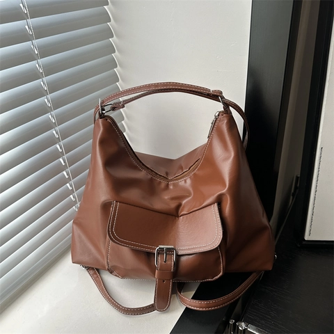 Bolso Tote de Cuero PU de Gran Capacidad para Mujer Costuras de Contraste Bolsillo Delantero Bolso de Hombro Hobo Minimalista Casual