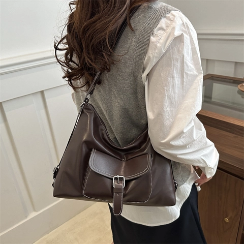 Bolso Tote de Cuero PU de Gran Capacidad para Mujer Costuras de Contraste Bolsillo Delantero Bolso de Hombro Hobo Minimalista Casual