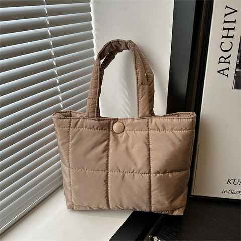 Women Stylish PU Leather Quilted Tote Bag Large Capacity Minimalist Puffer Shoulder Bag For Daily Use Solid Color Fuchsia Khaki White Black