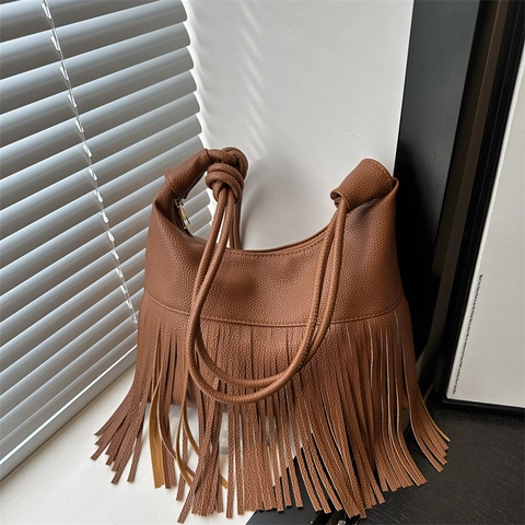 Bolso de Hombro Vintage para Mujer con Flecos de Cuero PU Granulado Correa Anudada Hobo Tote Bag Bohemian Tassel