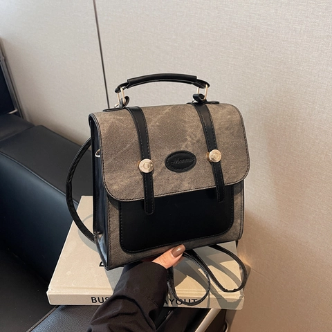 Damen Minimalistisch Patchwork Mode Rucksack PU Leder Kleiner Reisen Schulranzen Klappe Urban Casual Handtasche Tagestasche