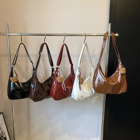 Women Large Capacity PU Leather Hobo Bag Fashion Shiny Shoulder Crossbody Tote Bag With Cute Bear Pendant Casual Handbag