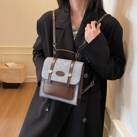 Damen Minimalistisch Patchwork Mode Rucksack PU Leder Kleiner Reisen Schulranzen Klappe Urban Casual Handtasche Tagestasche