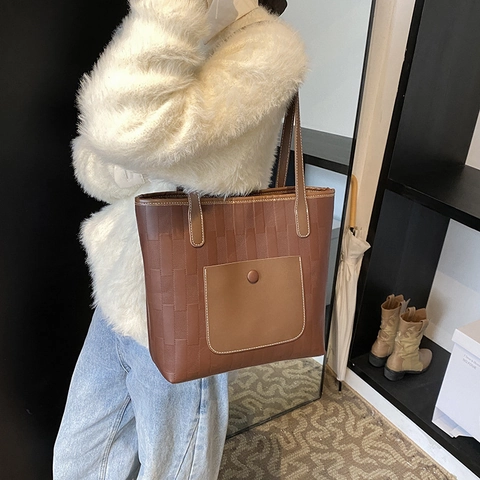Sac Cabas Femme en Cuir PU Retro Grande Capacité Minimaliste Sac à Épaule Avec Texture Gauffrée Surpiqûres Contrastées pour Navette