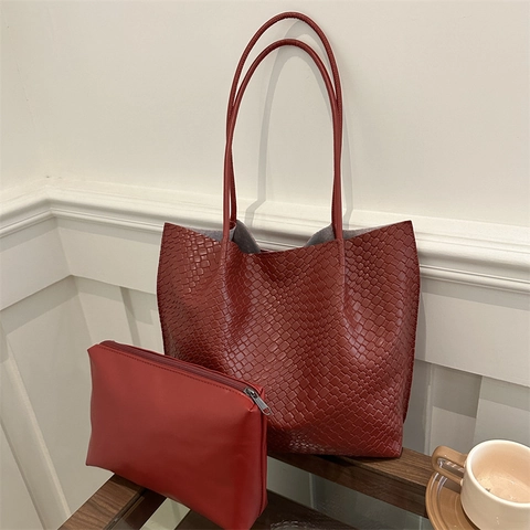 Juego de Bolsos Tote Tejidos para Mujer Dos Piezas Bolso de Hombro de Cuero PU Gran Capacidad Color Sólido Minimalista