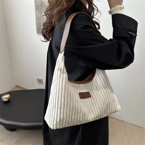 Bolso de Hombro de Pana Grande para Mujer Bolso Hobo Vintage Con Cierre Magnético Bolso Tote Casual Color Sólido Retro