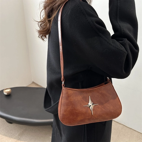 Women Vintage Nylon Underarm Bag With Star Metal Decor Minimalist Solid Color Shoulder Bag For Daily Commute Fashion Handbag