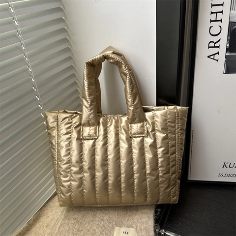 Women Puffy Quilted Tote Handbag Metallic PU Leather Large Capacity Shoulder Bag Fashion Solid Color Casual Top Handle Bag