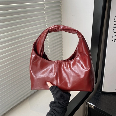 Borsa Ascellare Vintage in Pelle PU Lucida Grande Capacità Cucita Hobo Borsa a Tracolla da Donna Per Pendolarismo Ufficio Moda