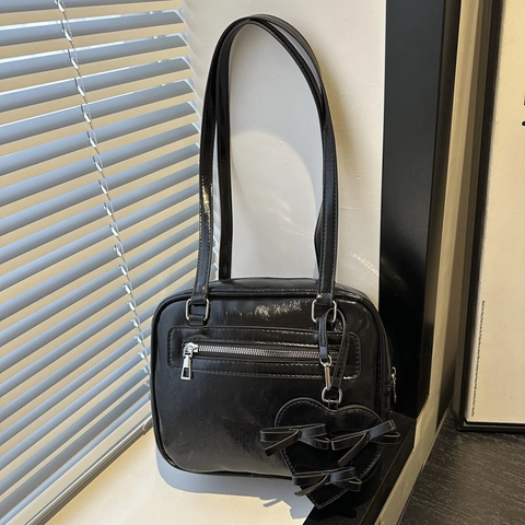 Women Vintage PU Leather Underarm Shoulder Bag With Heart Bow Pendant Solid Color Elegant Small Square Bag For Daily Use
