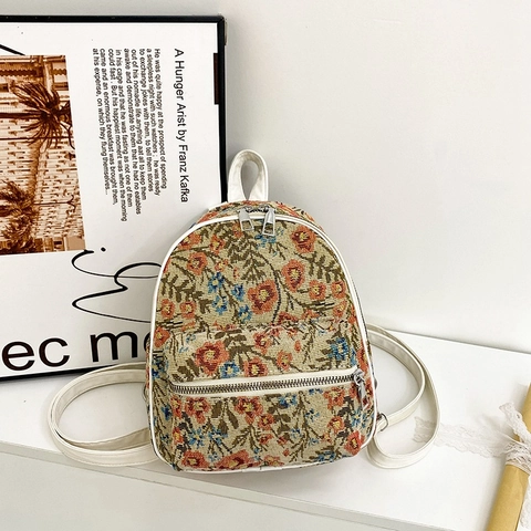 Mini Sac à Dos Imprimé Floral Vintage pour Femmes Petit Sac d'École en Nylon Jacquard Rétro Sac à Bandoulière Décontracté