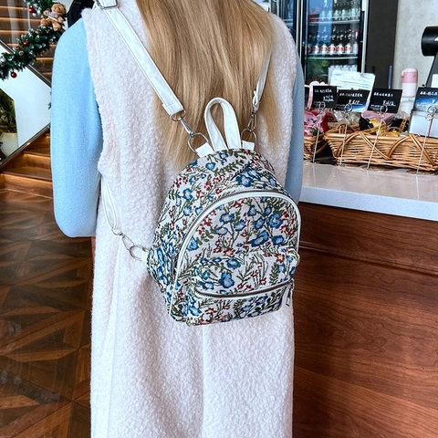 Mini Sac à Dos Imprimé Floral Vintage pour Femmes Petit Sac d'École en Nylon Jacquard Rétro Sac à Bandoulière Décontracté