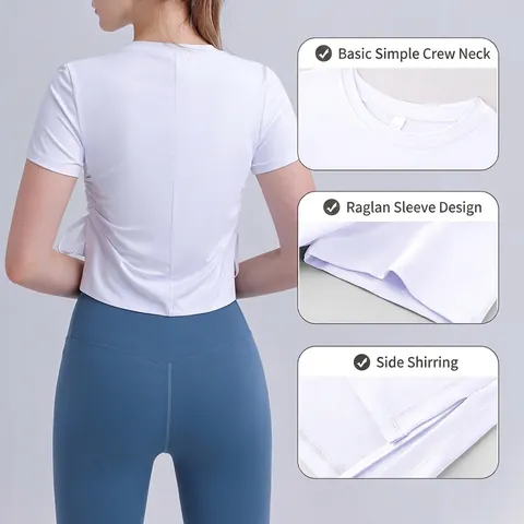 Damen Sport T-Shirt Schnelltrocknend Atmungsaktiv Yoga Top Kurzarm Bauchfrei Fitness Running Shirt Mit Kordelzug Raffung