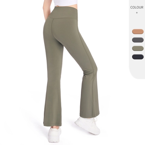 Pantaloni da Yoga a Zampa a Vita Alta da Donna in Nylon Elastan Push Up Effetto Nudo Traspiranti Elastici a Gamba Larga per Palestra