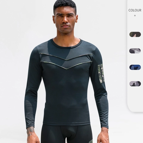 Camiseta de Compresión de Manga Larga para Hombre Secado Rápido Deportiva Camuflaje Fitness Entrenamiento Top Alta Elasticidad Base Layer Running