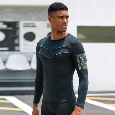 Camiseta de Compresión de Manga Larga para Hombre Secado Rápido Deportiva Camuflaje Fitness Entrenamiento Top Alta Elasticidad Base Layer Running