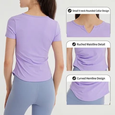Damen Geraffte Yoga T-Shirt Slim Fit V-Ausschnitt Sport Tee Schnelltrocknend Atmungsaktiv Laufen Fitness Top Polyester Elasthan Shirt