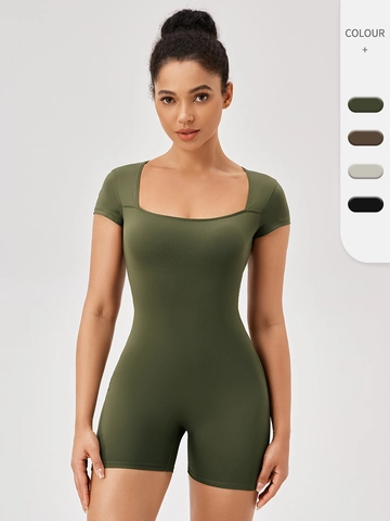 Women's Slim Fit Square Neck Short Sleeve Yoga Romper Polyester Spandex High Elastic Bodysuit Sports Jumpsuit Gym Workout Top