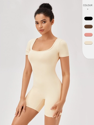 Women Naked Feel Yoga Romper Short Sleeve Square Neck Bodysuit Fitness Workout One Piece Slim Fit Sporty Jumpsuit