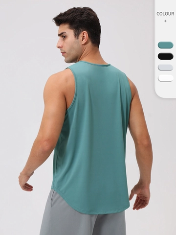 Men Quick Dry Sports Tank Top Sleeveless Breathable Fitness Running Vest Polyester Spandex Curved Hem Athletic Shirt
