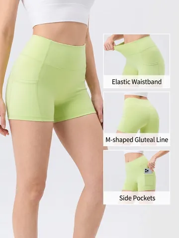 Women High Waist Yoga Shorts Naked Feeling Butt Lifting Workout Biker Shorts With Side Pockets For Running Fitness Gym