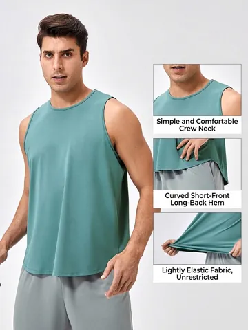 Men Quick Dry Sports Tank Top Sleeveless Breathable Fitness Running Vest Polyester Spandex Curved Hem Athletic Shirt