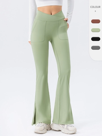 Women Crossover High Waist Flare Yoga Pants With Pockets Tummy Control Split Hem Breathable Athletic Fitness Gym Leggings